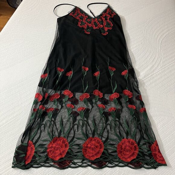 Forever 21 Women Slip Dress Party Cocktail Embroidered Red Flowers Size S  Gyaru - Picture 1 of 9